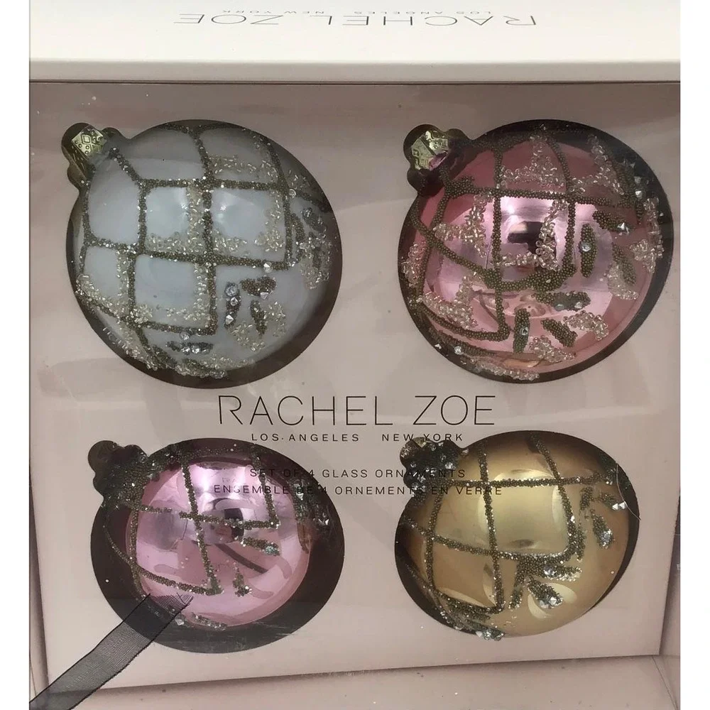 Rachel Zoe 8pc Glass Christmas Ornaments Set Pink Gold Pearl Glitter Embellished